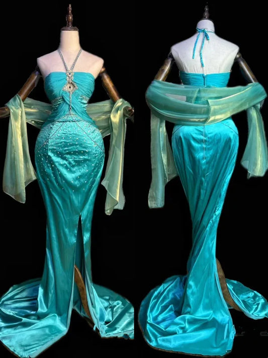 Robe de soirée longue en satin bleu, magnifique et exquise, avec perles, gh4498