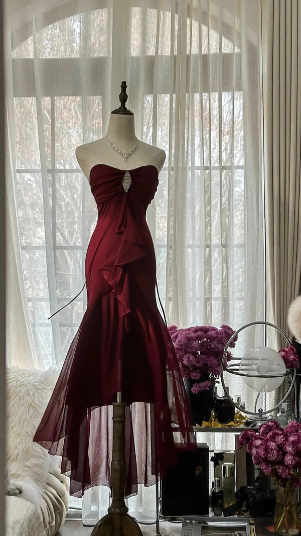 Burgunderrotes Vintage-Elegantes, exquisites, mit Edelsteinen besetztes, langes Chiffon-Abendkleid, ärmellos, Ballkleid, Partykleid für Geburtstage/Hochzeitsgäste, gh4101