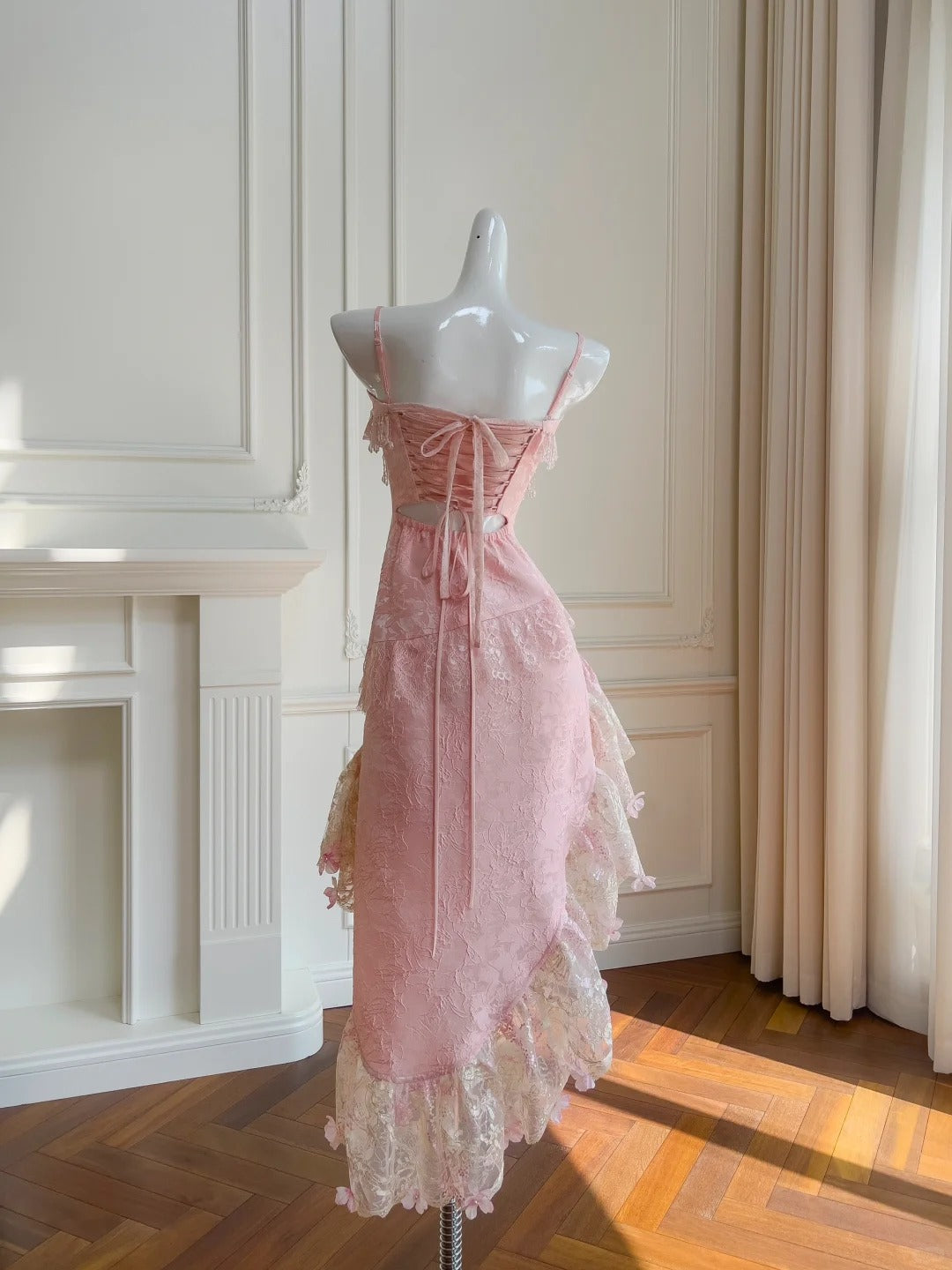 Rosa Spitze Vintage Flowy lange/kurze Homecoming Kleid Chiffon Ballkleid Geburtstag Party Kleid gh4406