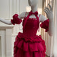 girlhomeshops-Burgunderrotes Satin-Spaghetti-Träger-Puffärmel-Schleppenkleid gh6383