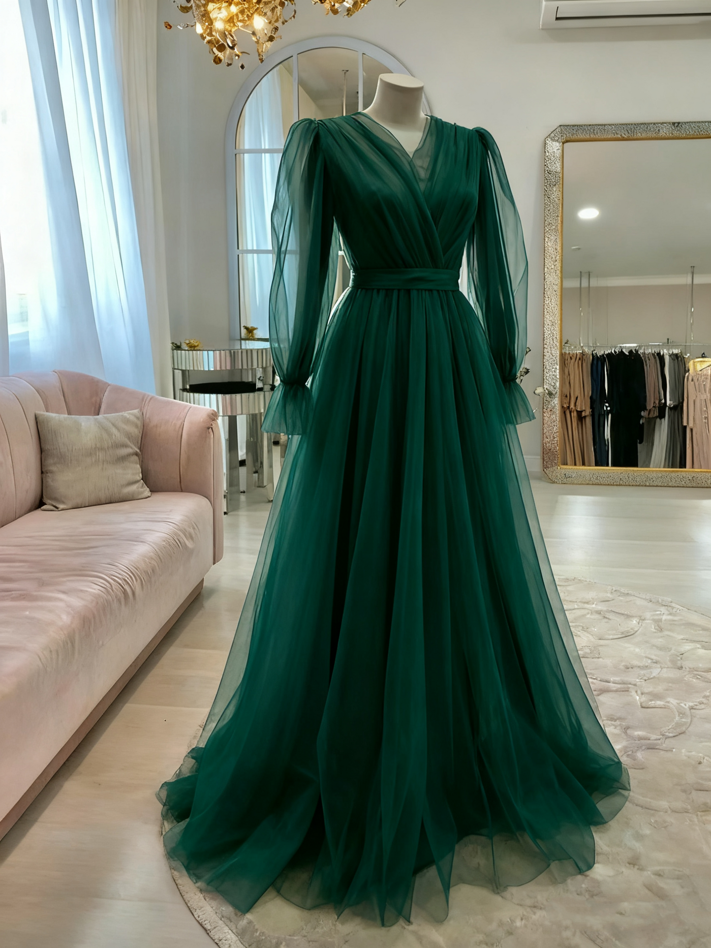 Robe de soirée longue en tulle rose de haute qualité, simple et élégante, à manches longues, robe de bal, robe de mariée, robe d'invitée, robe de gala Gh2215