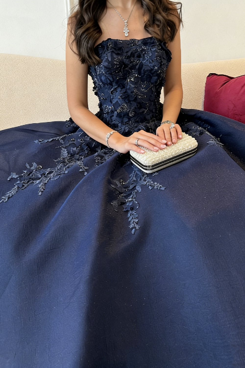 Marineblaues, trägerloses Ballkleid mit 3D-Blumenapplikationen und Perlenstickerei, bodenlanges Abendkleid für formelle Hochzeiten und Abendveranstaltungen gh7098