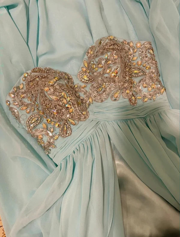Blaues, perlenbesetztes, wunderschönes Meerjungfrau-Lang-Chiffon-Ballkleid mit Abendkleid und Partykleid gh4441