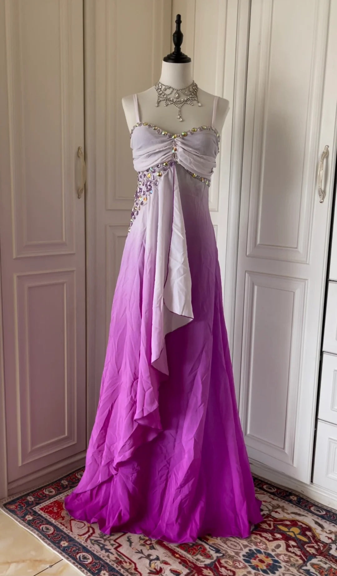 Rosa Lila Gradienten Mode Elegante Retro Strass Lange Chiffon Ballkleid Abendkleid gh4339