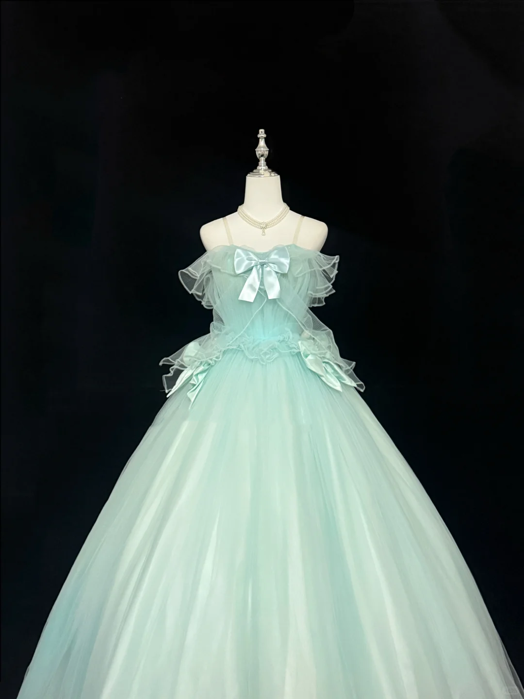 Sage Green Spaghetti Strap Off-the-Shoulder Cinched Waist Voluminous Skirt Romantic Dress, Wedding Gown gh7866