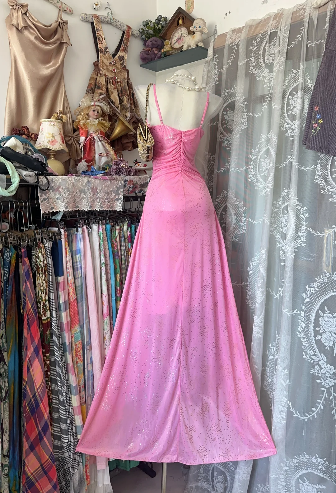 Blush Spaghetti Strap Waist Cinched Slim Fit Elegant Evening Party Gown gh7190