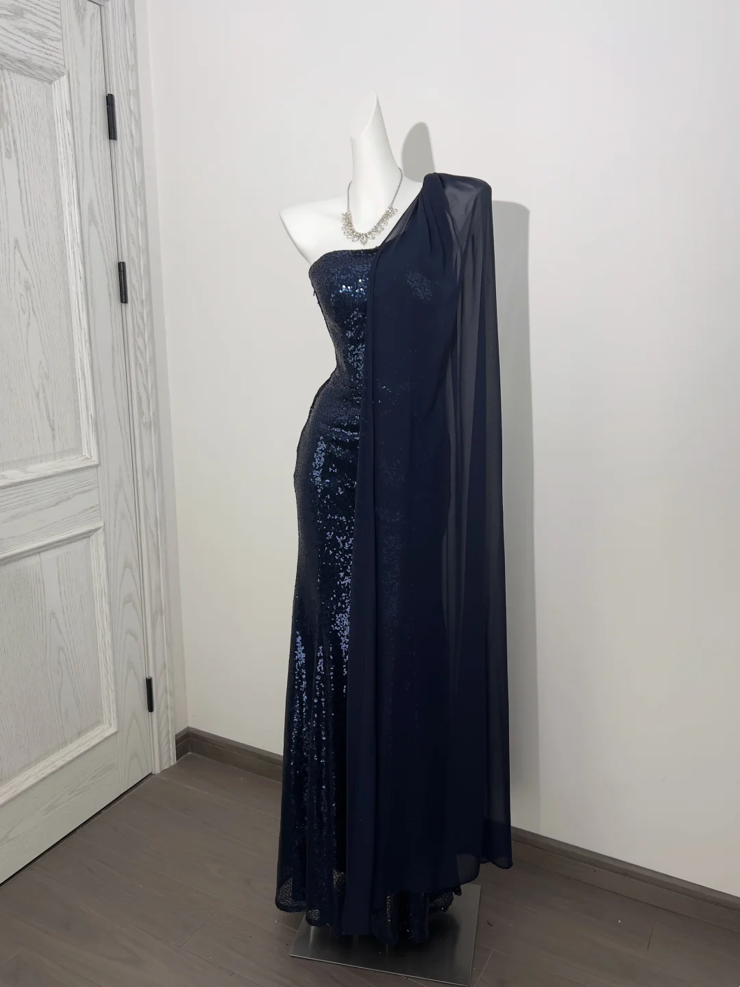 Navy Blue Sequin One-Shoulder Waist-Cinched Elegant Prom Gown, Evening Formal Dress gh7234