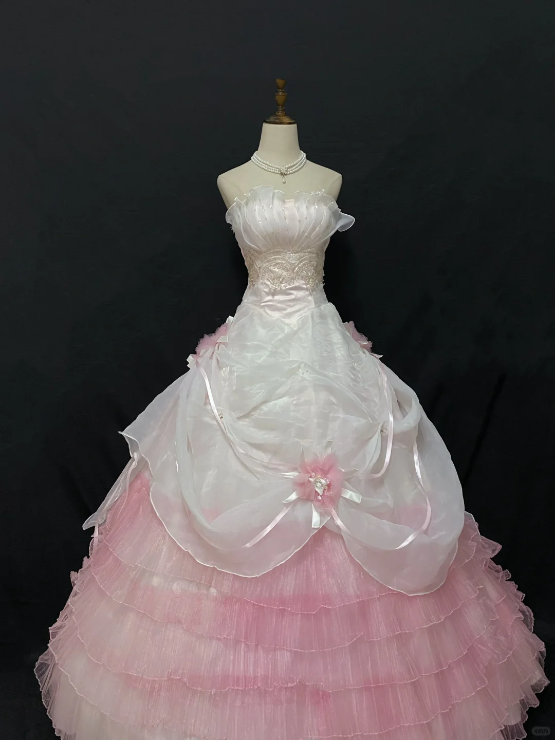 White Strapless Long Romantic Gown, Cinched Waist, Pink Fluffy Tiered Cake Skirt, Wedding Dress & Bridal Gown gh8264