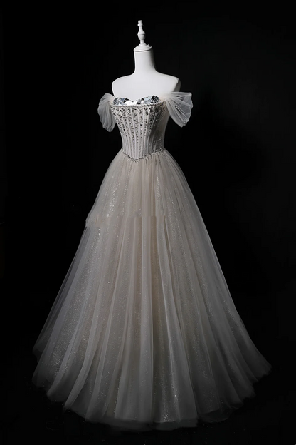 Light Apricot Off-Shoulder Waist-Cinched A-Line Long Evening Dress, Fairy Gown, Romantic Gown gh7464