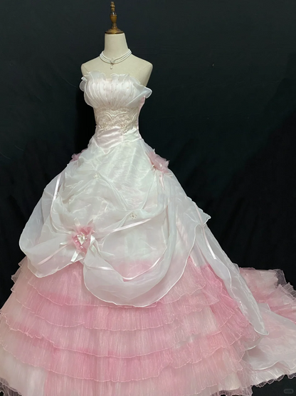 White Strapless Long Romantic Gown, Cinched Waist, Pink Fluffy Tiered Cake Skirt, Wedding Dress & Bridal Gown gh8264
