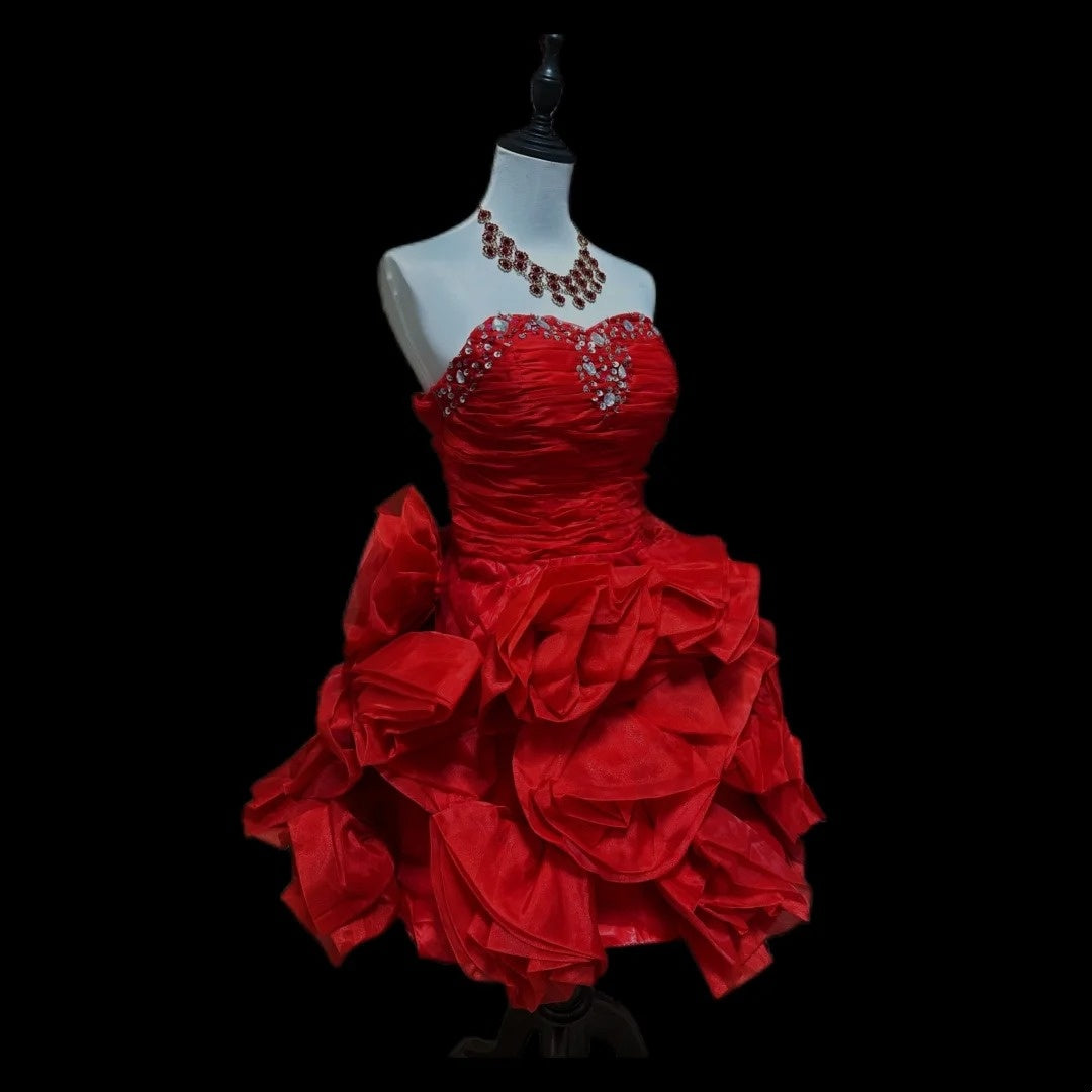 Robe de bal courte en satin à volants et perles rouges, robe d'anniversaire gh4634