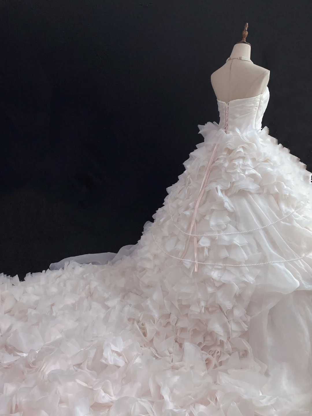 Blush pink strapless long romantic gown with cinched waist and fluffy tiered cake skirt, wedding dress & bridal gown gh8218