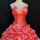 Pink Satin Spaghetti Strap Long Romantic Wedding Dress, Cinched Waist, Voluminous Princess Skirt gh8314