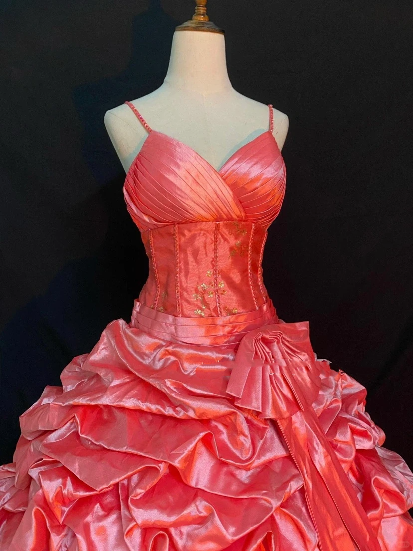 Pink Satin Spaghetti Strap Long Romantic Wedding Dress, Cinched Waist, Voluminous Princess Skirt gh8314