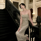 Champagnerfarbenes, paillettenbesetztes, trägerloses Meerjungfrauenkleid – Funkelndes Cocktailkleid im Stil der High Society gh6960