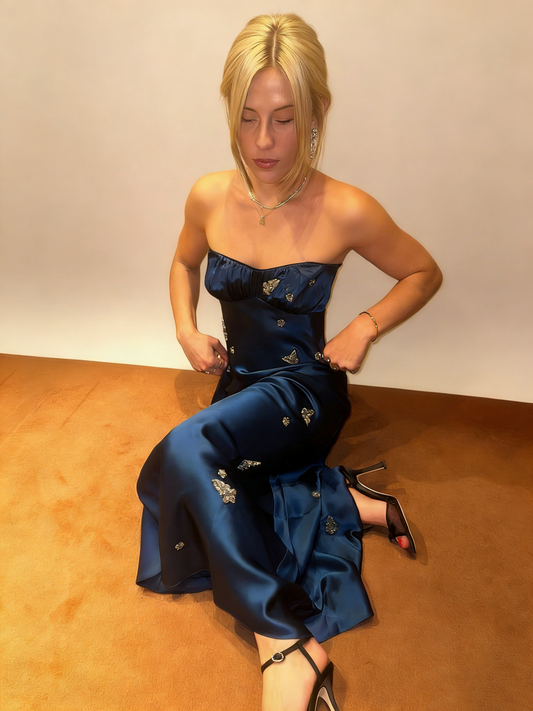 Robe longue en satin à col carré et manches bouffantes - Robe élégante dos nu ornée de cristaux gh6974