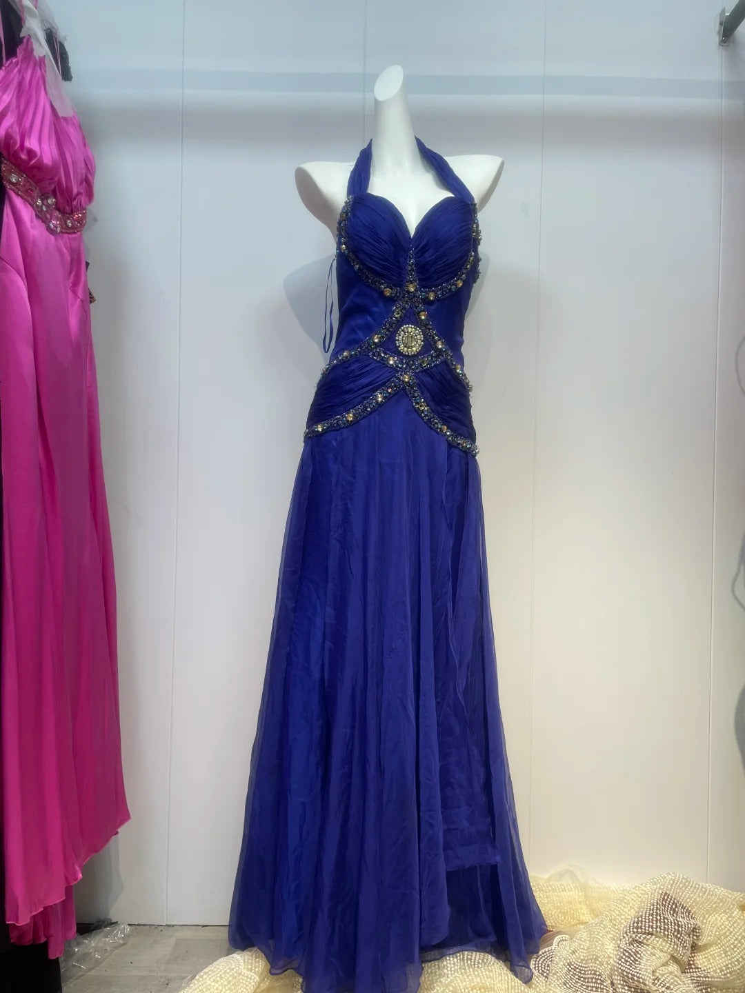 Blaues Strass-elegantes langes Satin-Ballkleid, Abendkleid, Geburtstagspartykleid, gh4946