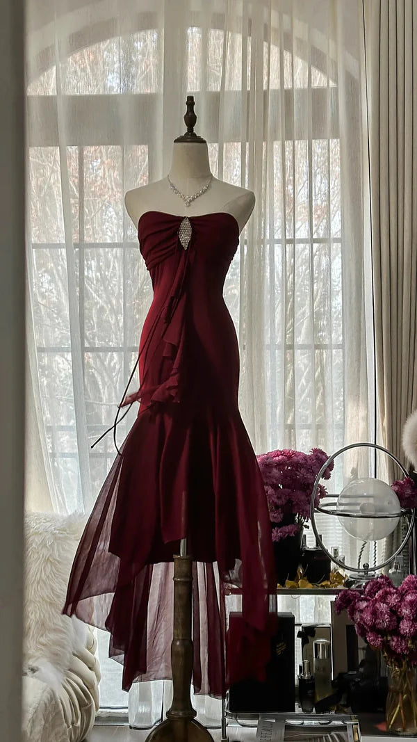 Burgunderrotes Vintage-Elegantes, exquisites, mit Edelsteinen besetztes, langes Chiffon-Abendkleid, ärmellos, Ballkleid, Partykleid für Geburtstage/Hochzeitsgäste, gh4101