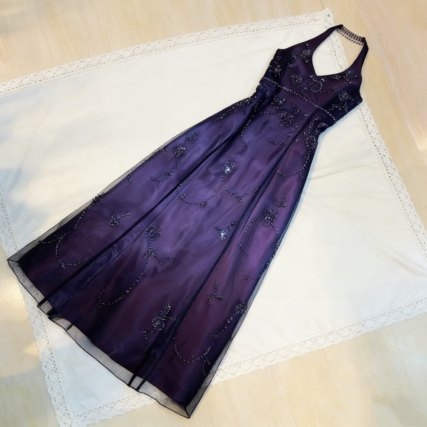 Lila Vintage Mode Ombre Perlen Empire Taille Neckholder Lange Elegante Ballkleid Abendkleid Partykleid gh3603
