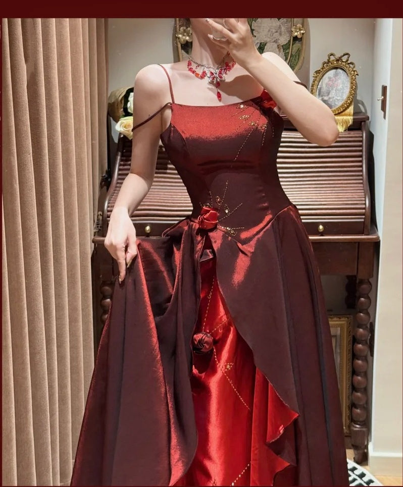 Robe de soirée longue en satin et tulle à fleurs, tenue de bal, de remise de diplôme, bordeaux, exquise, perlée, gh4255