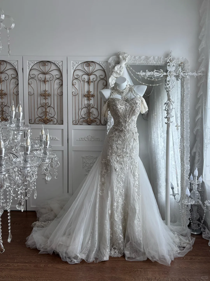 White Halter Neck Beaded Waist-Cinched Sexy Bodycon Prom Gown, Evening Gown & Bridal Wedding Gown gh7345