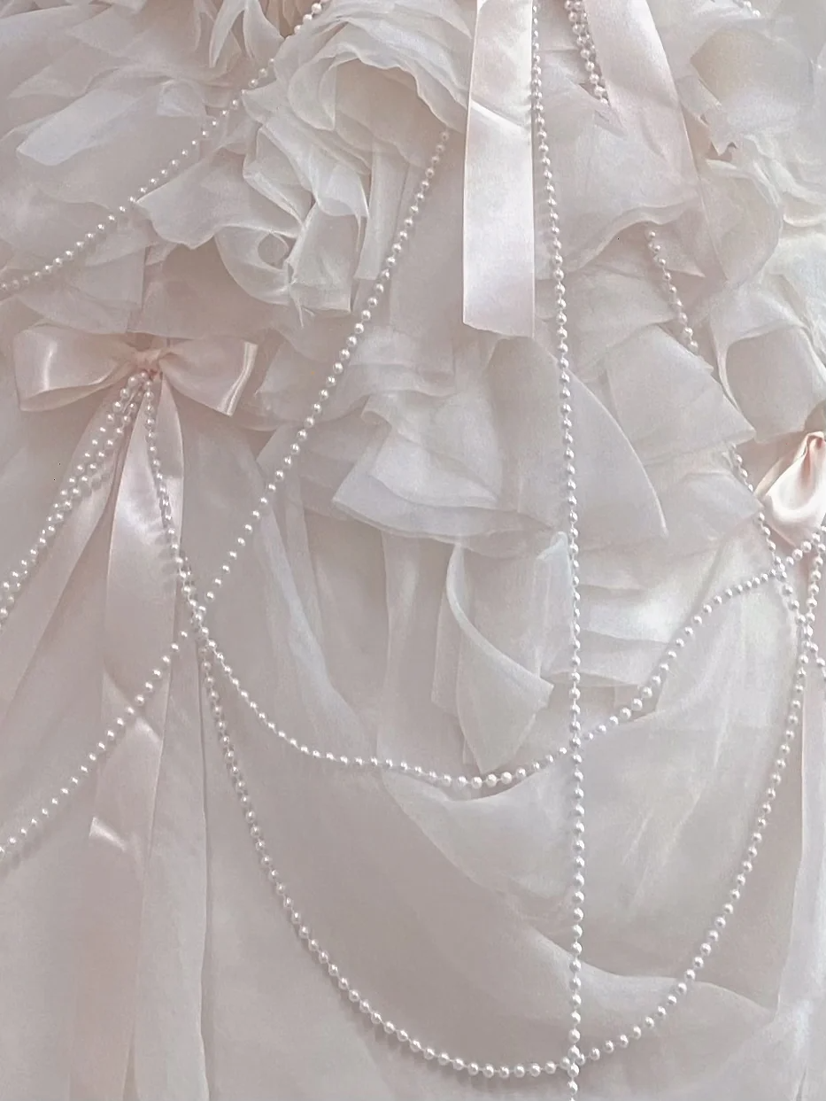 Blush pink strapless long romantic gown with cinched waist and fluffy tiered cake skirt, wedding dress & bridal gown gh8218