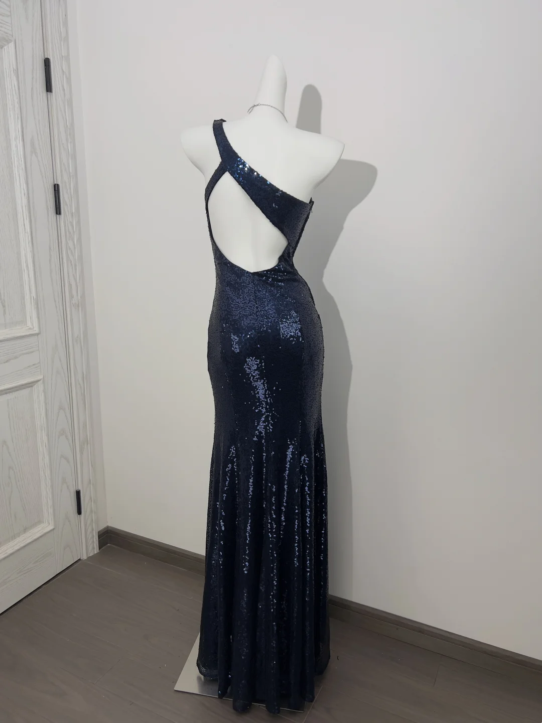 Navy Blue Sequin One-Shoulder Waist-Cinched Elegant Prom Gown, Evening Formal Dress gh7234