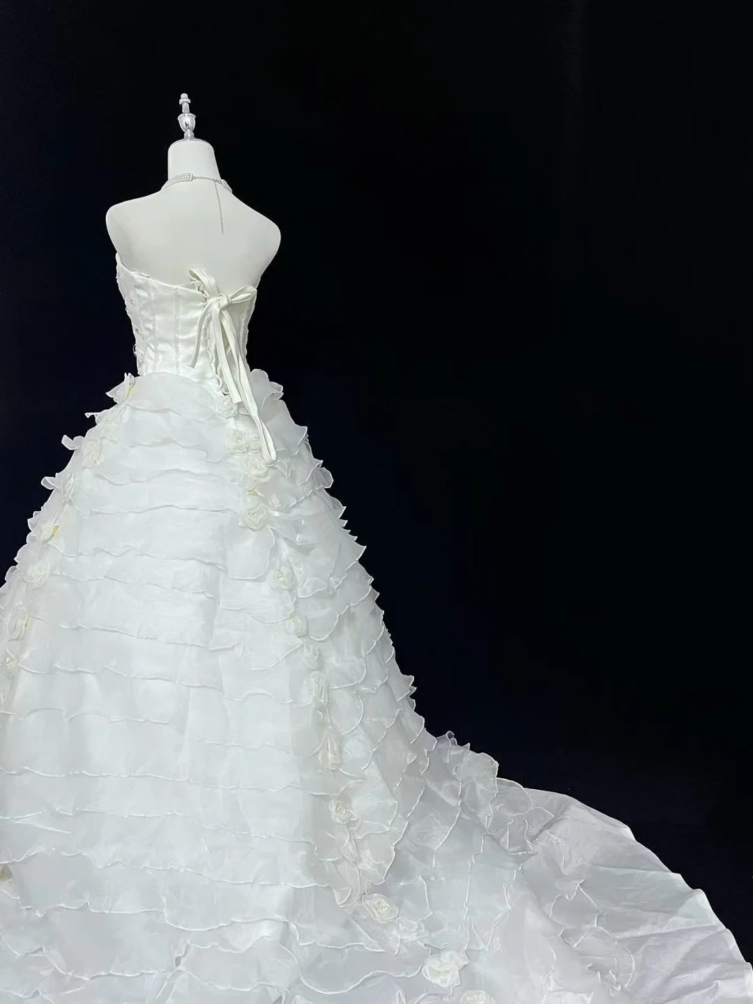 White Strapless Rhinestone Cinched Waist Voluminous Tiered Skirt Long Romantic Dress, Wedding Gown gh7999