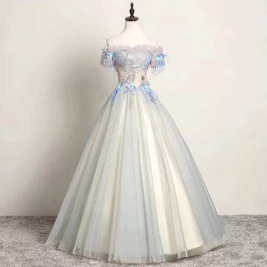 Girlhomeshops - Hellfarbiges, florales, perlenbesetztes, langes Tüll- und Ballkleid mit Schnürung gh5314