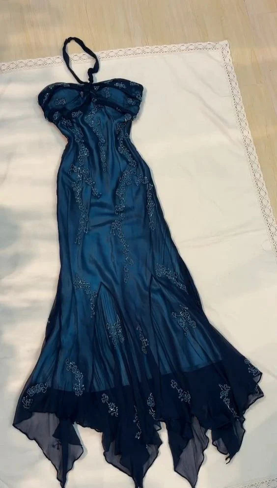 Dunkelblaues Meerjungfrau-Kleid mit Perlen, lang, Chiffon, formelles Abschlussball-Abendkleid, Hochzeitsgast-Partykleid, griechisches Neckholder-Kleid, gh3617b