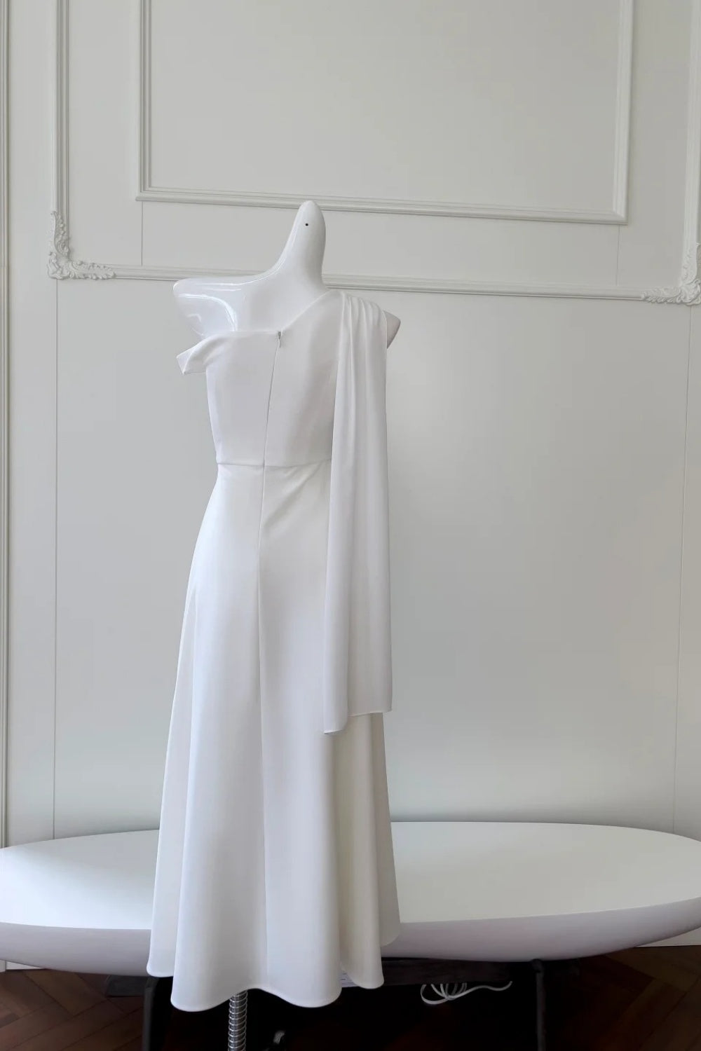 girlhomeshops- Minimalist White Asymmetric Off-Shoulder Midi Evening Gown gh6097