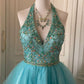 Blaues, kurzes Chiffon-Kleid mit Perlenbesatz, Ballkleid, Geburtstagspartykleid, gh4847