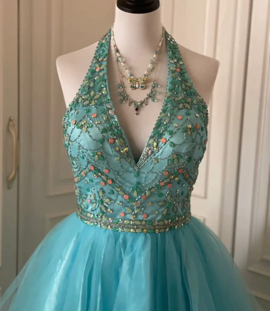 Blaues, kurzes Chiffon-Kleid mit Perlenbesatz, Ballkleid, Geburtstagspartykleid, gh4847