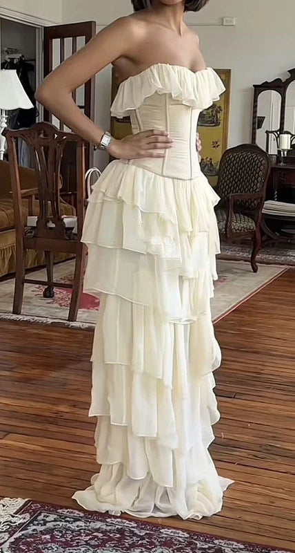 Elfenbeinweiß Vintage Elegantes Chiffon Rüschen Langes Ballkleid Abendkleid Partykleid gh4884