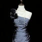 One Shoulder 3D Floral Applique Ruched Bodycon Mermaid Hem Metallic Satin Evening Gown | Formal Prom Wedding Guest Dress gh7101