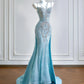 Girlhomeshops--Aqua blue mermaid tail exquisite beaded long floor-length tulle prom dress gh5484