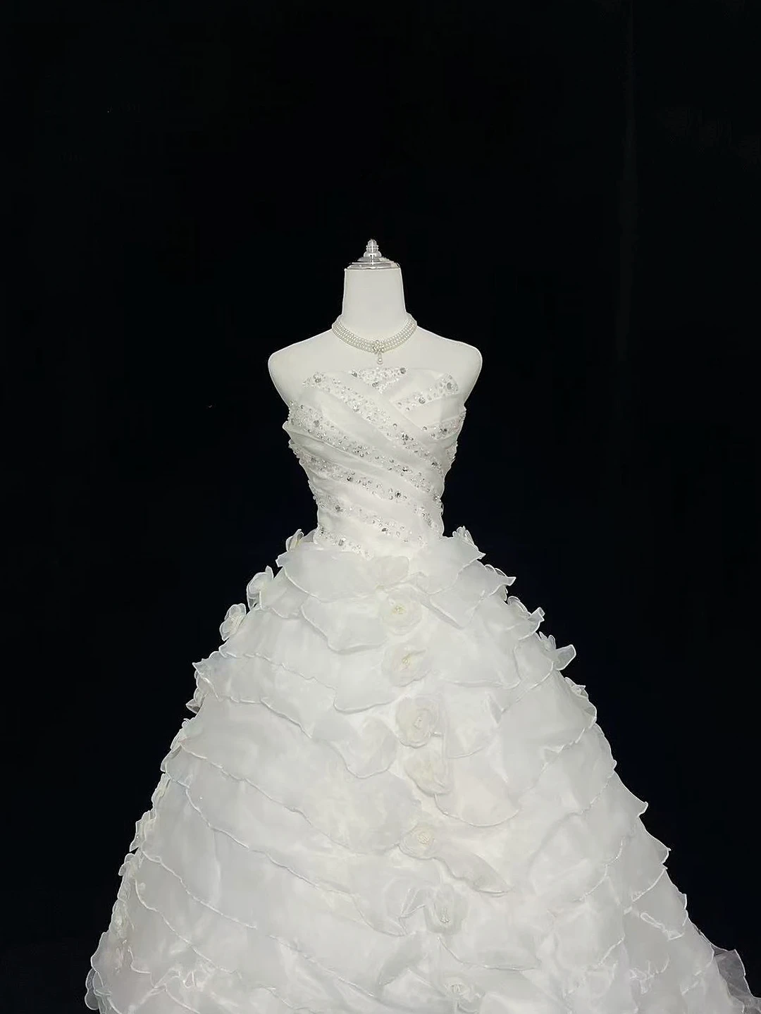 White Strapless Rhinestone Cinched Waist Voluminous Tiered Skirt Long Romantic Dress, Wedding Gown gh7999