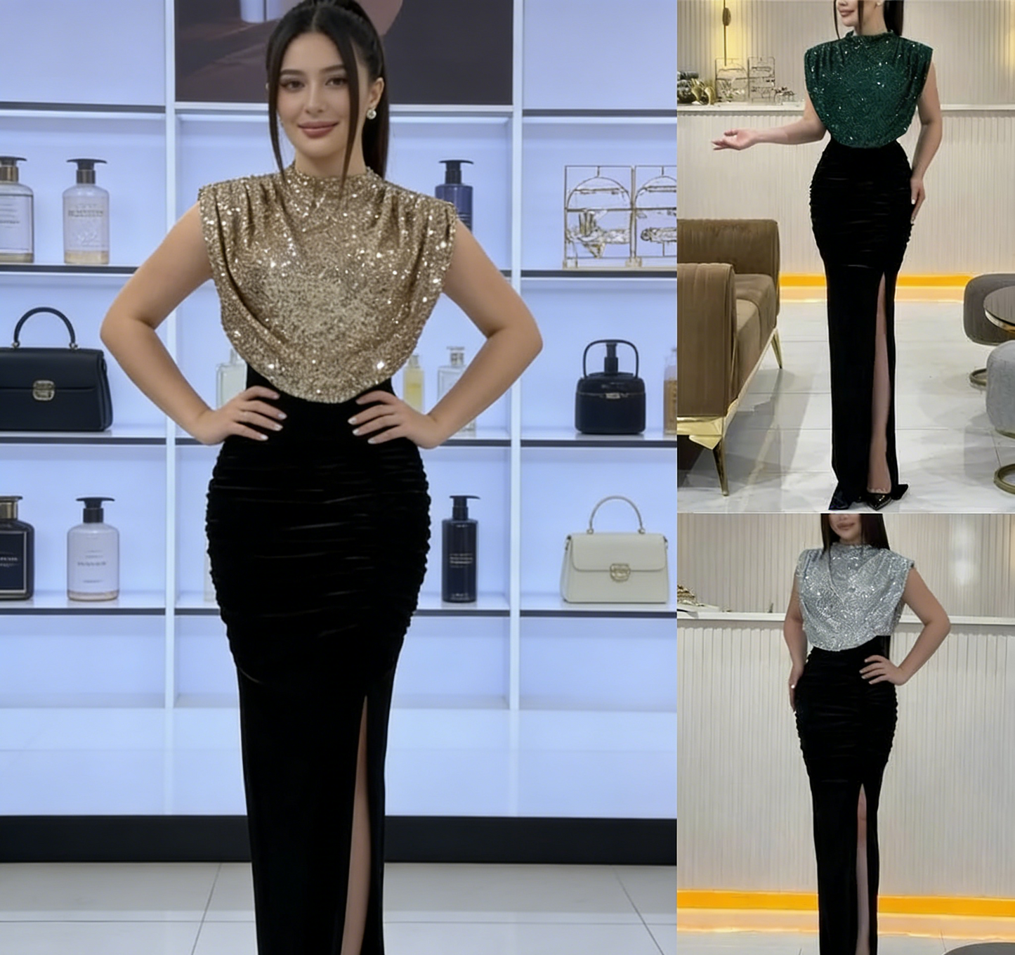 Paillettenbesetztes Samt-Maxikleid mit Schlitz – Ärmelloses, hochgeschlossenes Partykleid gh6970