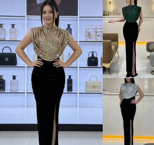 Robe longue fendue à empiècements en velours à sequins - Robe de soirée sans manches à col montant gh6970
