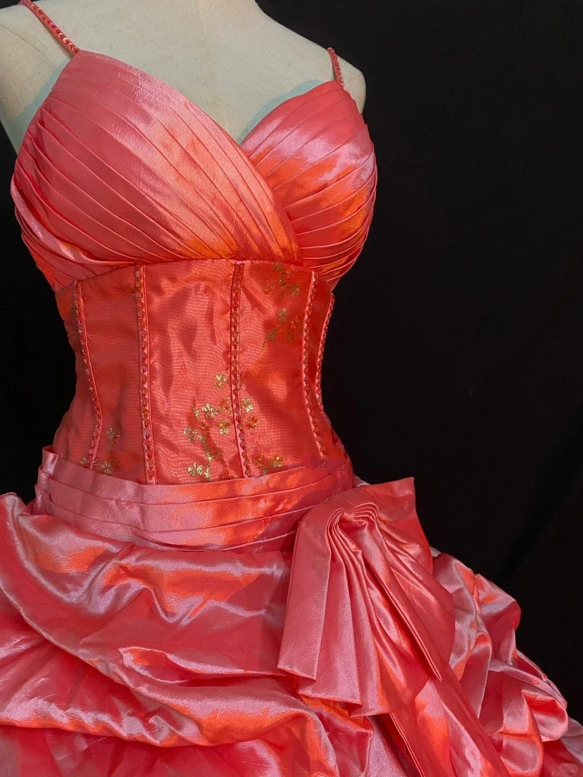 Pink Satin Spaghetti Strap Long Romantic Wedding Dress, Cinched Waist, Voluminous Princess Skirt gh8314