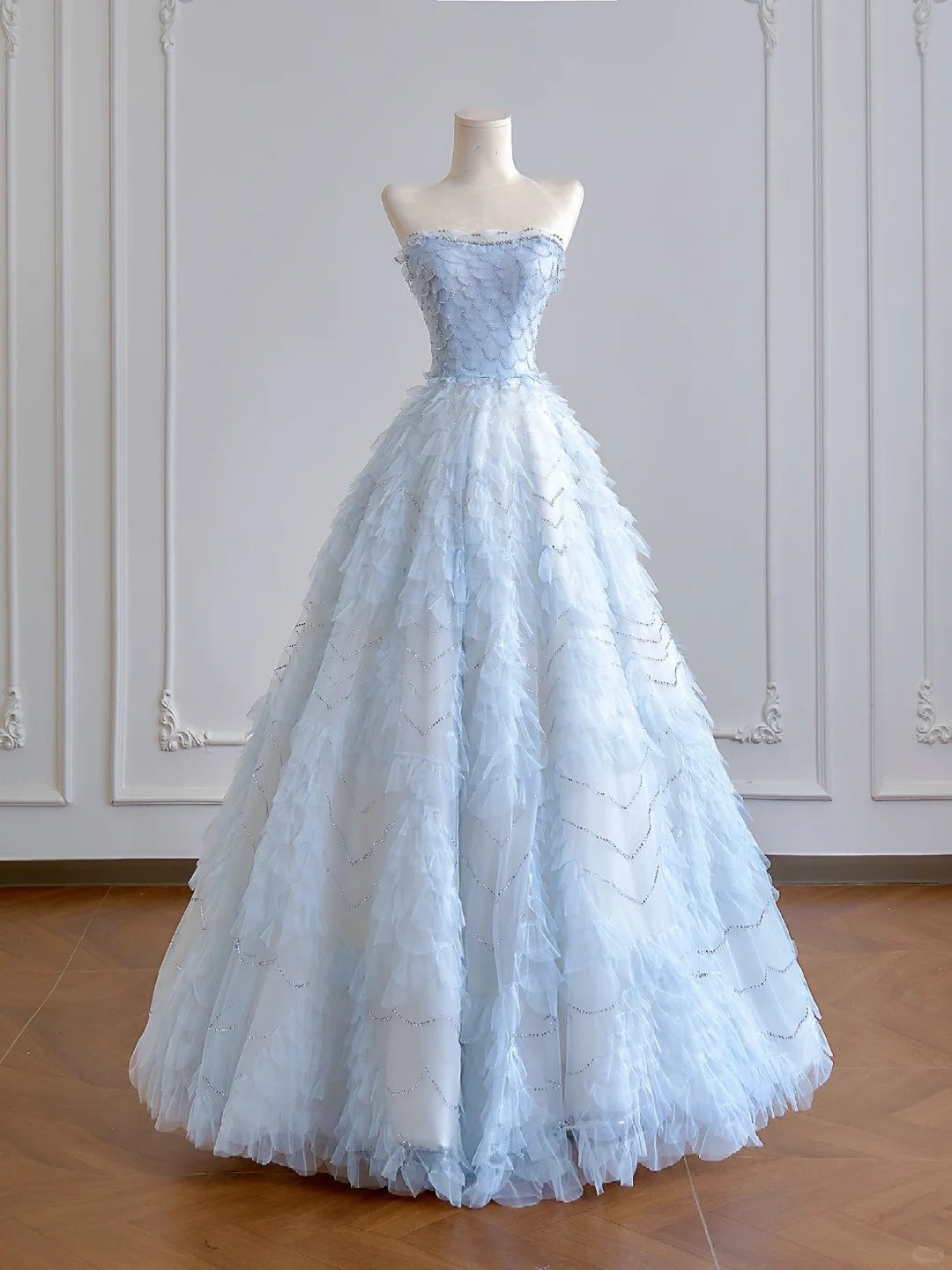 Girlhomeshops – Hellblaues, bodenlanges, feenhaftes Organza-Tüll-Ballkleid, Hochzeitskleid gh5487