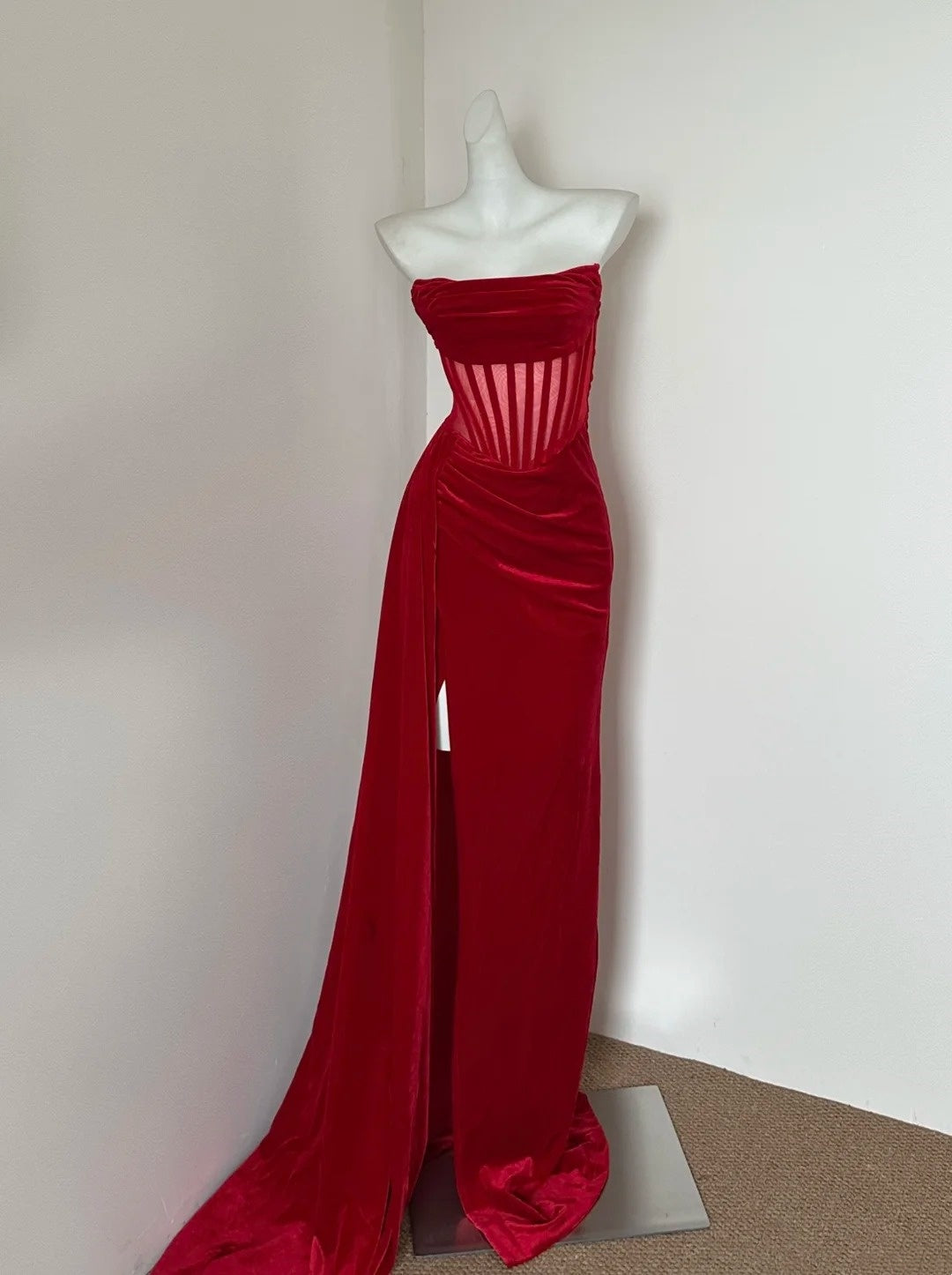 Robe de soirée longue en velours bordeaux/rouge gh4833