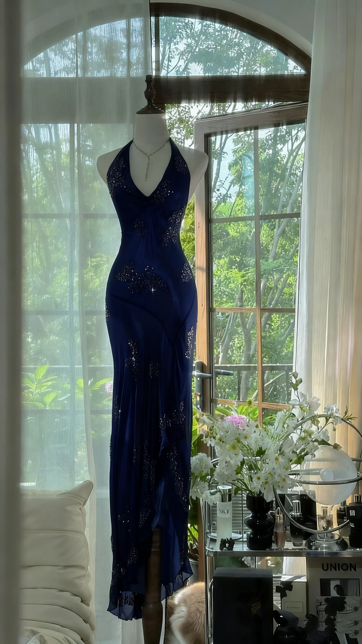 Robe de soirée longue en mousseline de soie, élégante, vert foncé, avec perles, gh4749
