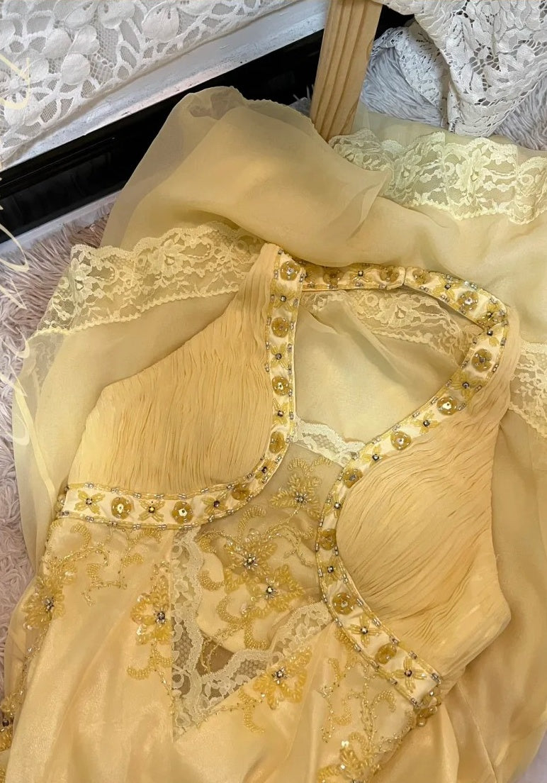 Gelbes, perlenbesetztes, elegantes, langes Chiffon-Ballkleid, Abendkleid, Partykleid gh4467