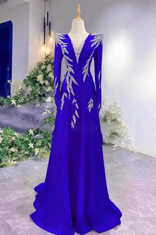 Royal Blue Shiny Long-Sleeve Beaded Train Gown gh6386