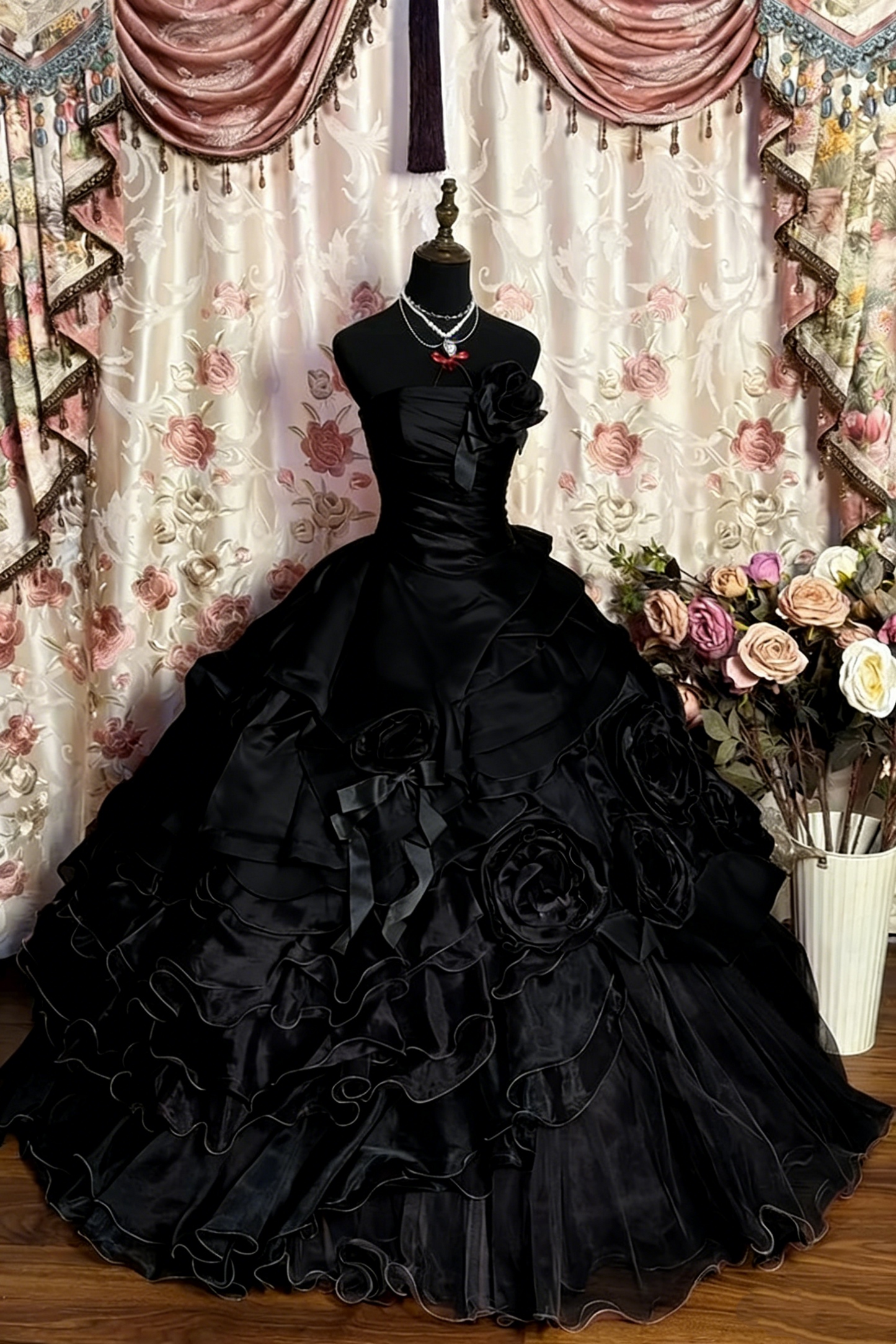 Red Vintage Floral Beaded Long Tulle Ball Gown gh4950