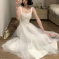 White Square Neck Spaghetti Strap Satin Tulle - Minimalist Elegant Bridesmaid/Date/Light Evening Midi Gown gh6981