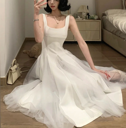 White Square Neck Spaghetti Strap Satin Tulle - Minimalist Elegant Bridesmaid/Date/Light Evening Midi Gown gh6981