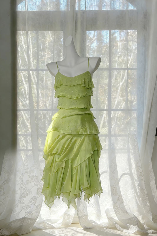 ✨Limettengrünes Paillettenkleid mit Rüschen – Asymmetrischer Saum, Trägerkleid gh6941