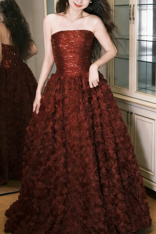 3D Rose Strapless Gown - Sequin Pleated Ball Gown gh6947